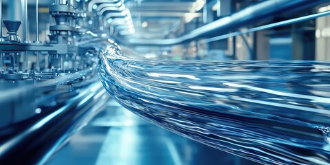 a visualization of liquid flow through a pipeline, with clear, controlled movement in a laboratory s