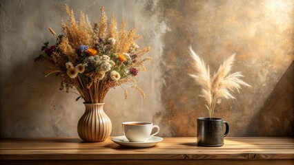 Aufkleber - Dried Flowers, a Cup of Tea, and a Moment of Tranquility on a Wooden Table