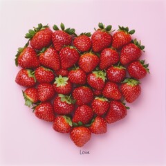 Poster - Fresh Strawberries Arranged in Heart Shape on Pink Background