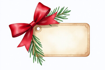 Wall Mural - watercolor christmas tag features red ribbon pine branch ideal wrapping gifts holidays