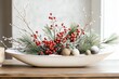 © Thanyarat - An intricate Ikebana composition featuring pine branches, red berries, and snow-touched greenery for a winter theme