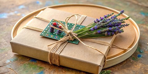 Poster - A simply wrapped gift box adorned with a sprig of lavender and a green and gold circular embellishment
