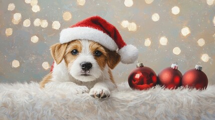 Wall Mural - Cute Puppy in Santa Hat with Christmas Ornaments on Soft Background