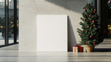 Sticker - Festive Empty Canvas Next to Christmas Tree in Modern Interior Space