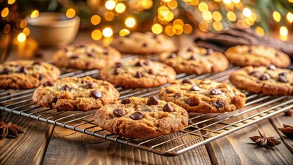 Wall Mural - Golden brown chocolate chip cookies cooling on a wire rack with festive bokeh lights in the background