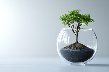 miniature tree in glass bowl with dark soil, minimalist still life.