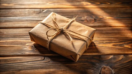 Aufkleber - A Simple Gift Wrapped in Brown Paper and Tied with Twine on a Wooden Surface