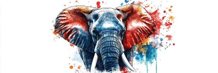 Poster - Bright and colorful illustration of an elephant with vibrant artistic splashes for creative mock up space. Generative AI