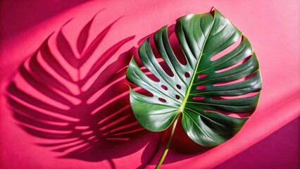Poster - A single tropical leaf casts a dramatic shadow on a vibrant pink surface, creating a dynamic interplay of light and dark.
