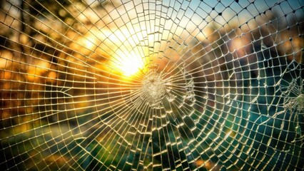 A spider web glistening with dew reflects the morning sunrise, creating a delicate and intricate pattern of light and shadow.