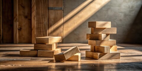 Aufkleber - A Stack of Wooden Blocks Bathed in Warm Sunlight, Cast Long Shadows on a Rustic Wooden Surface