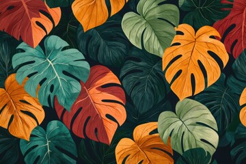 Wall Mural - Colorful Tropical Leaves Pattern on Dark Background for Design Use