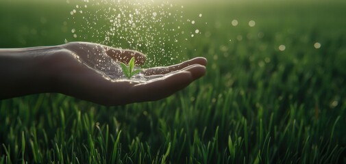 Wall Mural - Hand Holding Small Plant with Water Droplets in Green Field Light