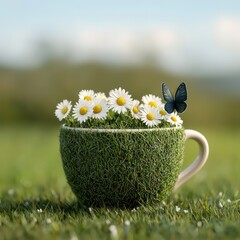 Wall Mural - Green Grass Cup Filled with Daisies and a Butterfly in Nature