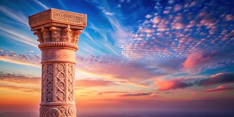 Fototapete - A lone, ornately carved pillar stands tall against a backdrop of vibrant sunset hues and clouds.
