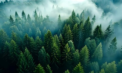 dense forest in a soft mist creating a tranquil and serene natural landscape