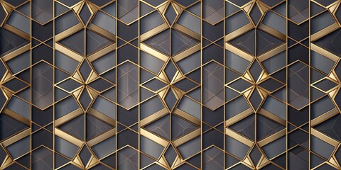 Fototapete - Abstract Geometric Pattern of Interlocking Gold Frames on a Dark Gray Background