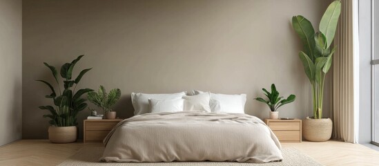 Wall Mural - Cozy bedroom with modern cottage vibes, featuring a potted plant and bed beside a window