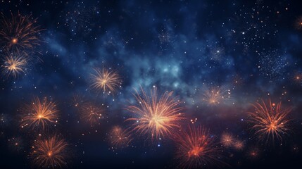 Wall Mural - Long exposure of  fireworks lighting up the sky, empty space on the left for text,generative ai illustration