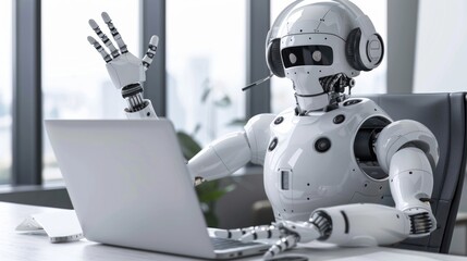 white robot with headset working on laptop, desk indoors.