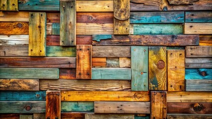Poster - A textured wood wall with a variety of colors, grains, and knots. Each piece is a different shade of brown, blue, yellow, and orange, creating a unique and rustic pattern.