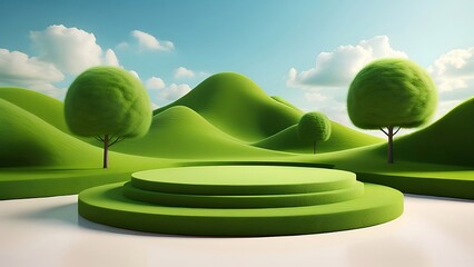 Wall Mural - 3D rendered green platform on grassy hills with trees, under a bright sky.