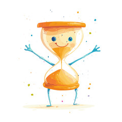 Colorful cartoon hourglass character celebrating time with joy and excitement in a fun, playful design