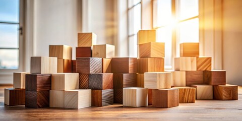 Aufkleber - Wooden blocks stacked in a random arrangement, bathed in soft, natural light, creating a sense of structure and order.