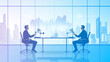 © Farhad - Two podcasters recording a podcast in a modern studio with cityscape view
