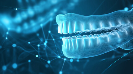 Wall Mural - Abstract glowing digital teeth on blue background with dots and lines.