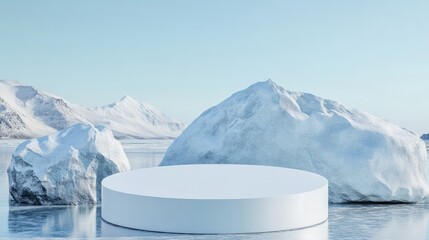 Wall Mural - 3Drendered ice podium on a frozen lake with ice rocks Round stage for advertising cosmetics skincare or other products in a winter setting