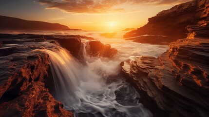 Wall Mural - Long exposure of waves crashing against rocks, golden hour lighting, empty space on the left for text,generative ai illustration