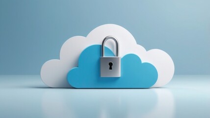 Blue cloud figure with a lock sign standing on a light blue surface. Data security and protection concept, 3d rendering