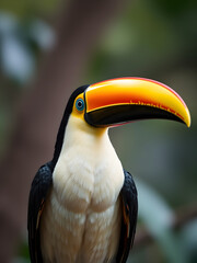 A colorful bird with a long beak is standing on a branch