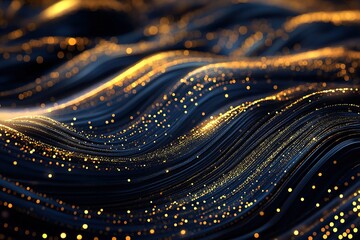 Wall Mural - Abstract dark blue and gold waves with sparkling particles. Luxurious, elegant, and flowing design.