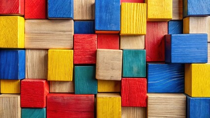 Aufkleber - A captivating mosaic of colorful wooden blocks, arranged in an intricate pattern, showcasing vibrant hues and a playful, geometric design