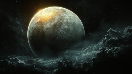 Wall Mural - Planetary emergence amidst swirling clouds in a cosmic landscape