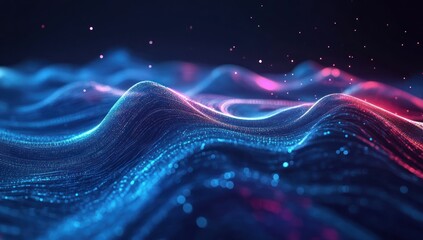 Wall Mural - abstract blue pink digital waves glowing particles dark background