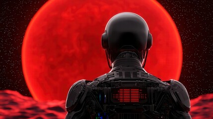 financial risk analytics assessment concept. a futuristic figure gazes at a massive red celestial bo