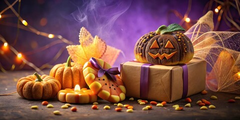 Wall Mural - Festive Halloween Scene with Jack-o'-lantern Cookies, Candies, and Gifts on a Rustic Table with Lights and Fall Decor