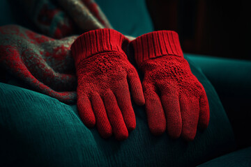 Herbstliche Handschuhe und Schal auf strukturiertem Hintergrund

