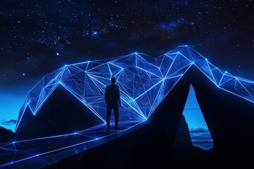 Wall Mural - Silhouette of a person standing on a glowing geometric structure under a starry night sky.