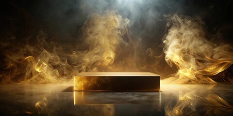 Poster - A golden platform stands on a reflective surface, surrounded by swirling, ethereal smoke illuminated by an unseen light source.