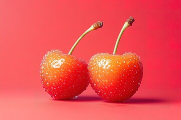 Wall Mural - Two juicy cherries glistening with water droplets against a vibrant red backdrop.