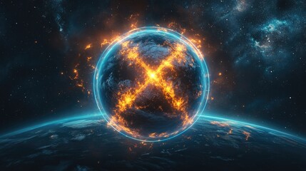fiery planet with x-shaped flames in outer space