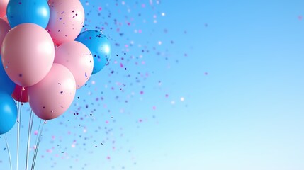Wall Mural - Blue and pink balloons with falling confetti on blue sky background. Party announcement social media design