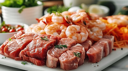 Poster - In very clean and tidy kitchen. A pile of lean beef and a variety of fish and shrimp with a fresh. placed neatly on the counter.