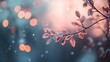 © Vasiliy - Frozen branch with pink leaves and bokeh lights background. Winter season greeting card design
