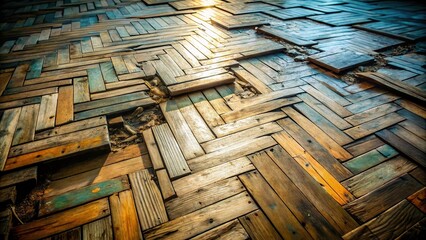 Aufkleber - A weathered wooden floor with a herringbone pattern, showcasing the natural wear and tear of time, revealing the story of its history through the cracks and imperfections.