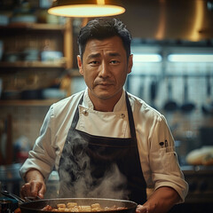 Poster - A middle-aged Asian male chef wearing an apron in the kitchen, stove full of cooking utensils.